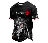 Men's St. George's Templar Knight T-Shirt, Waffle Knit England Patriotic Tee, "For England and St. George" Red Cross Crusader Graphic Short Sleeve Top