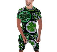 Men's St Patricks Day Costume Set 2 PCS Green Clover Shamrock Print Outfit Hilarious Leprechaun T-Shirt & Elastic Waist Shorts Irish Themed Fancy Dress for St Paddy's Events, Parades