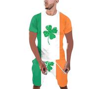 Men's St Patricks Day Costume Set 2 PCS Green Clover Shamrock Print Outfit Hilarious Leprechaun T-Shirt & Elastic Waist Shorts Irish Themed Fancy Dress for St Paddy's Events, Parades