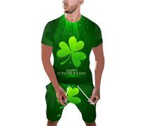 Men's St Patricks Day Costume Set 2 PCS Green Clover Shamrock Print Outfit Hilarious Leprechaun T-Shirt & Elastic Waist Shorts Irish Themed Fancy Dress for St Paddy's Events, Parades