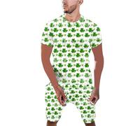 Men's St Patricks Day Costume Set 2 PCS Green Clover Shamrock Print Outfit Hilarious Leprechaun T-Shirt & Elastic Waist Shorts Irish Themed Fancy Dress for St Paddy's Events, Parades