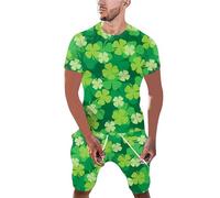 Men's St Patricks Day Costume Set 2 PCS Green Clover Shamrock Print Outfit Hilarious Leprechaun T-Shirt & Elastic Waist Shorts Irish Themed Fancy Dress for St Paddy's Events, Parades