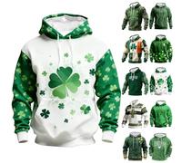 Mens St. Patrick's Day Hooded Sweatshirt Vintage Patchwork Hoodie Irish Lucky Shamrock Jumper Green Casual Pullover Ireland Clover Tops with Pocket Drawstring Blouse Loose Fit Activewear Plus Size