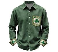 Mens St Patricks Day Shirts Shamrock Clover Printed Long Sleeve Button Down St Patricks Day Outfits Casual Slim Collared T Shirts Celebratory Outfits