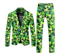 Men's St. Patricks Day Suit 2 Peices Irish Clover Shamrock Printed Formal Lapel Button Down Blazer Wide Leg Pants Trousers Leprechaun Fancy Dress Happy St Patricks Day Outfits (12-Army Green, L)