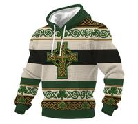 Mens St. Patrick's Day Sweatshirt UK Retro Green Irish Jumper Clover Shamrock Printed Pullover Waffle Hoodies Long Sleeve Ireland Pride Tops Casual Loose Clothes #1