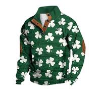 Mens St. Patrick's Day Sweatshirt UK Retro Green Irish Jumper Clover Shamrock Printed Pullover Zip Up Blouse Long Sleeve Shirt Round-Neck Sweater Ireland Pride Tops Casual Loose Clothes Street Parades