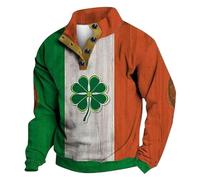 Mens St. Patrick's Day Sweatshirt UK Retro Green Irish Jumper Clover Shamrock Printed Pullover Zip Up Blouse Long Sleeve Shirt Round-Neck Sweater Ireland Pride Tops Casual Loose Clothes Street Parades