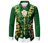 Mens St Patricks Day T Shirts Clover Funky 3D Printed Dress Shirts Long Sleeve Button Down Slim Fit Blouse Irish Tshirt Non Iron Casual Business Athletic Sports Work Shirt (M13 Green,S)