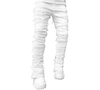 Mens Stacked Jeans Y2k Slim Fit Skinny Ripped Jeans Distressed Destroyed Denim Pants Emo Hip Hop Jeans, White, 34