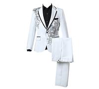 Men's Stage Costume Bilateral Inlaid Diamond Suit 2 Pieces Luxury Embroidered Suits 1 Button Stylish Dress Prom Party Wedding Host Suit (White,3XL)