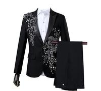 Men's Stage Costume Bilateral Inlaid Diamond Suit 2 Pieces Luxury Embroidered Suits 1 Button Stylish Dress Prom Party Wedding Host Suit (Black,XXL)