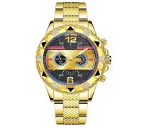 Mens Stainless Steel Band Chronograph Big Dial Hip Hop Business Personality Quartz Watch, gold