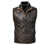 Men's Stand Collar Motorcycle Leather Vests Faux Sheepskin Leathers Gilet Aviator Shearling Flying PU Vest, Coffee, M