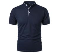 Men's Stand Collar Solid Casual Polo T-Shirts Short Sleeve Slim Fit Summer Tees Button Cotton Athletic Tops, Dark Blue, Medium