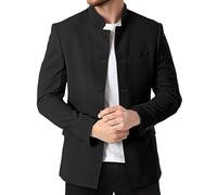 Men's Stand Mandarin Collar Suit Blazer Jackets Lightweight Lined Casual Business Dress Sport Coats Japanese Clothes Black 3X-Large