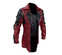 Men's Steampunk Leather Jacket, Black Motorcycle Jacket, Men's Retro, Gothic Biker Leather Coat, Medieval Uniform Coat, Victorian Court Trench Coats, Biker Jacket, Halloween Costume, red, XL