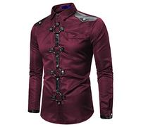Men's Steampunk Shirt with Lapel, Medieval Long Sleeve T-shirts, Gothic Top Solid Colour Top Leather Patchwork Retro Blouse Buttons for Renaissance Cosplay Courtyard Halloween Victorian Tunic, Red, L