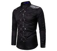Men's Steampunk Shirt with Lapel, Medieval Long Sleeve T-shirts, Gothic Top Solid Colour Top Leather Patchwork Retro Blouse Buttons for Renaissance Cosplay Courtyard Halloween Victorian Tunic, Black,