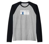 Mens Stepdad of a Warrior Blue Ribbon Colon Cancer Awareness Raglan Baseball Tee