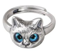 Men's Sterling Silver Cat Open Ring - Retro and Cute Feline Jewelry for Cat Enthusiasts