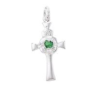 Mens Sterling Silver Claddagh Cross with Green Agate Pendant On A 22 Inch Black Leather Cord Necklace