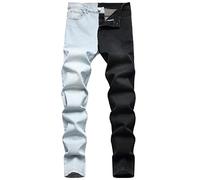 Mens Straight Leg Jeans, Color Contrast Stretch Durable Basic Denim Jean, Patchwork Two Tone Flex Jean, Zipper Slim Fit Denim Trousers, Casual Stylish Multicolor Jeans Pants with Pocket Light Blue