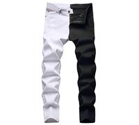 Mens Straight Leg Jeans, Color Contrast Stretch Durable Basic Denim Jean, Patchwork Two Tone Flex Jean, Zipper Slim Fit Denim Trousers, Casual Stylish Multicolor Jeans Pants with Pocket White