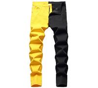 Mens Straight Leg Jeans, Color Contrast Stretch Durable Basic Denim Jean, Patchwork Two Tone Flex Jean, Zipper Slim Fit Denim Trousers, Casual Stylish Multicolor Jeans Pants with Pocket Yellow