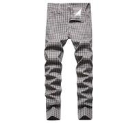 Men's Straight Leg Tartan Trousers Jeans Slim-Fit Mid Waist Zip Fly Belt Loop High Elastic Denim Pants Casual Golf Business Work Plaid Skinny Jean with Pockets