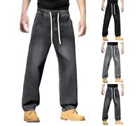 Mens Straight Loose Fit Jeans - Elasticated Waist Jeans For Men Uk Large Size Stretch Trousers Athletic Travel Pants Fashion Durable Denims Lightweight Comfortable Bottoms With Drawstring