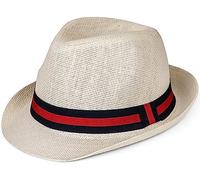 Mens Straw Trilby Summer Sun Beach Holiday Hat Striped Band Stylish Fedora (as8, Alpha, l, White Navy Band)