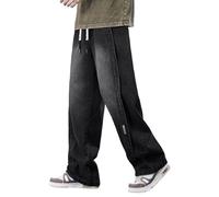 Men's Stretch Jeans - Spring and Fall Casual Retro Wide Leg Micro Stretch Drawstring Design Sense of Jeans (Black, M)