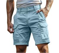Mens Stretch Shorts, Men's Cargo Shorts Elasticated Waist Summer Outdoor Combat Quick Dry Breathable Cotton Multi-Pockets Workwear Casual Knee Length Pants Stretch Chino Lightweight Pants Sky Blue