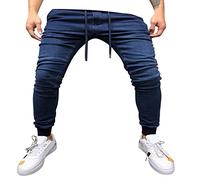 Mens Stretch Skinny Jeans Fashion Casual Elasticated Cuffed Denim Pants Elastic Waist Drawstring Motocycle Moto Biker Jeans Slim Fit Tapered Leg Activewear Trousers with Pockets