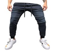 Mens Stretch Skinny Jeans Fashion Casual Elasticated Cuffed Denim Pants Elastic Waist Drawstring Motocycle Moto Biker Jeans Slim Fit Tapered Leg Activewear Trousers with Pockets