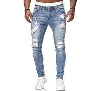 Men's Stretch Skinny Ripped Jeans, Super Comfy Distressed Denim Pants with Destroyed Holes(Light Blue, L)