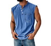 Mens String Vest, Fit Sleeveless T Shirts, Summer Henry Collar Rugby Holiday Running Active Sleeveless Muscle Gym Basketball Loose Training Cooling Beach Work Vests for Men, L Blue
