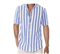 Mens Stripe Shirt Casual Stylish Short Sleeve Button Down Shirts Lapel Loose Fit Dress Shirts Striped Button Up Business Work Dress Shirts Tops Summer Beach Hawaiian Shirt Sky Blue