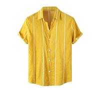 Men's Striped Button Down Shirts Short Sleeve Summer Hawaiian Beach Shirts(Yellow,XX-Large)