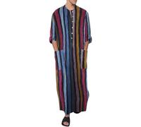 Mens Striped Kaftan Long Robe Casual Loose Fit Thobe with Pockets, Colourful Cotton Linen African Moroccan Style Summer Loungewear Holiday Beach Muslim Clothing