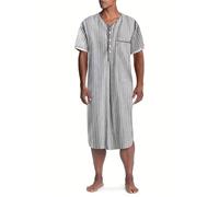 Mens Striped Kaftan Nightshirt Short Sleeve Long Lounge Robe with Buttons and Pocket, Lightweight Cotton Blend Summer Nightwear Sleepwear Casual Home Clothing