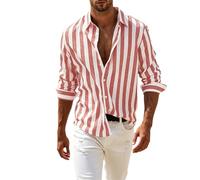 Mens Striped Linen Shirts Long Sleeve,Beach Shirts for Men UK Breathable Cuban Collared Shirt Lightweight Tops with Button Down No Pockets Summer Outdoor Clothes for Daily Wear Tropical Vacation Pink