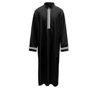 Men's Striped Muslim Thobe Kaftan Robe Round Collar Long Sleeve Loose Fit Casual Comfortable Middle Eastern Garment with Pockets(Black, M)