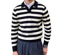Mens Striped Polo Shirt Black and White Hit Color T Shirt Fashion Lapel Long Sleeve T-Shirts V-Neck Top