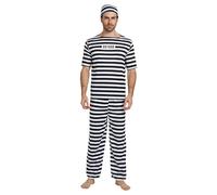 Mens Striped Prisoner Costume Black and White Convict Outfit with Cap | Adult Inmate Set Men Halloween Fancy Dress Short Sleeve Top and Trousers Set with Number Detail for Jail Chain Gang Themes