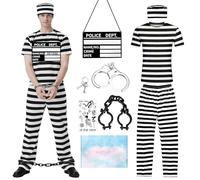 Men's Striped Prisoner Costume, Prisoner Costume Men and Accessories | Handcuffs Restraints Tattoo Stickers, Carnival Costumes for Striped Convict Cosplay, Halloween, Party