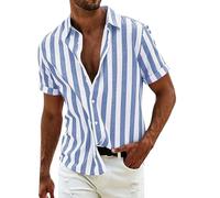 Mens Striped Shirts Short Sleeve Button Down Cotton Linen Shirt Cuban Collar Hawaiian Shirts Holiday Beach Casual Shirt Stripe Casual Tops Comfort Stylish T-Shirts Size S-3Xl Light Blue