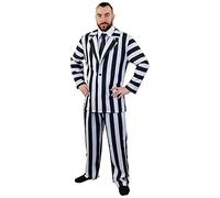 Mens Striped Suit Halloween Costume - Black & White Striped Suit Jacket & Trousers, Attached Shirt Front, Black Tie - Adults Scary TV Movie Icon Halloween Fancy Dress Costume