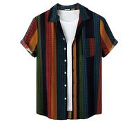 Mens Striped Summer Shirts Casual Button Down Short Sleeve Beach Stylish Cotton Hawaiian Aloha Shirts Pack of 1 Funky Printed Hawaii Top Wear Festival Boho 60's 70's Hippie (Multicolour 1,XL,XL)